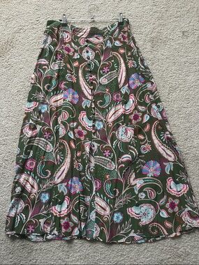 LOFT Paisley A-Line Skirt in Olive Green